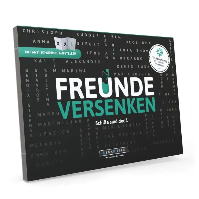 Spiel 'Freunde versenken' – nachhaltiges Gesellschaftsspiel mit Namen und Anti-Schummel-Aufsteller