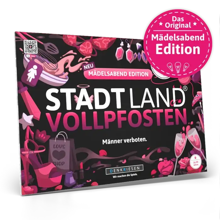 STADTLAND VOLLPFOSTEN Mädelsabend Edition – Spiel für Frauenabende mit pinken Motiven und „Männer verboten“-Slogan