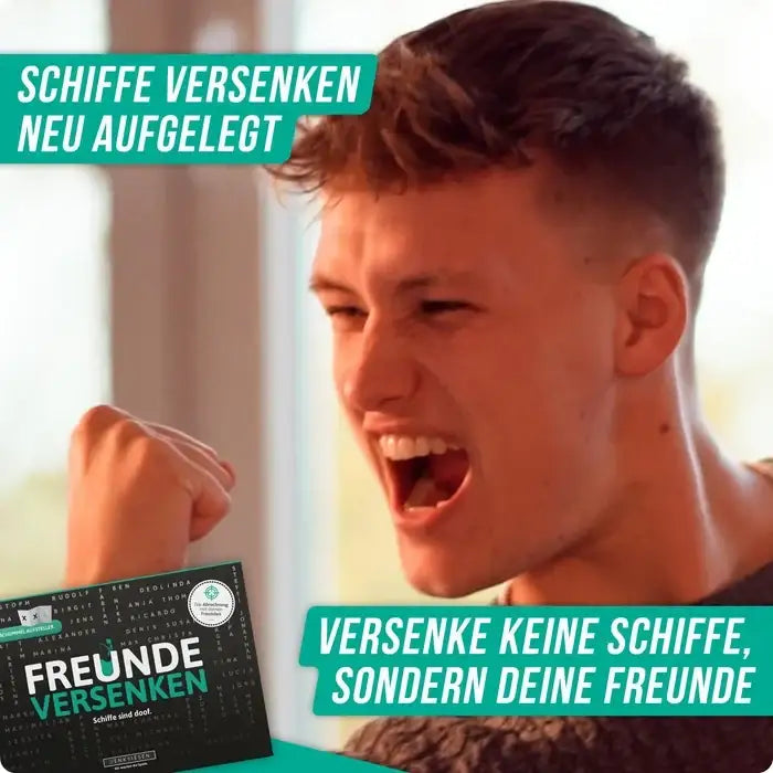 Freunde versenken Spiel – nachhaltiges Gesellschaftsspiel mit lustigem Slogan und begeistertem Spieler