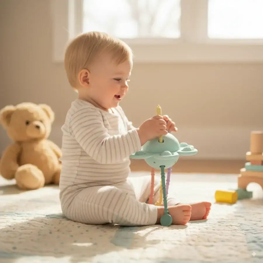 Baby spielt mit farbenfrohem Holzspielzeug auf Teppich, neben Plüschbär – nachhaltiges Spielzeug für Kleinkinder