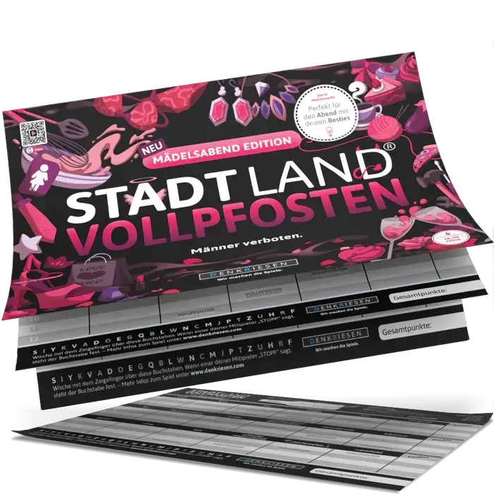 Stadt Land Vollpfosten Spielkarten – Neu Mädelsabend Edition mit Punktesystem und bunten Grafiken für Partyspiele